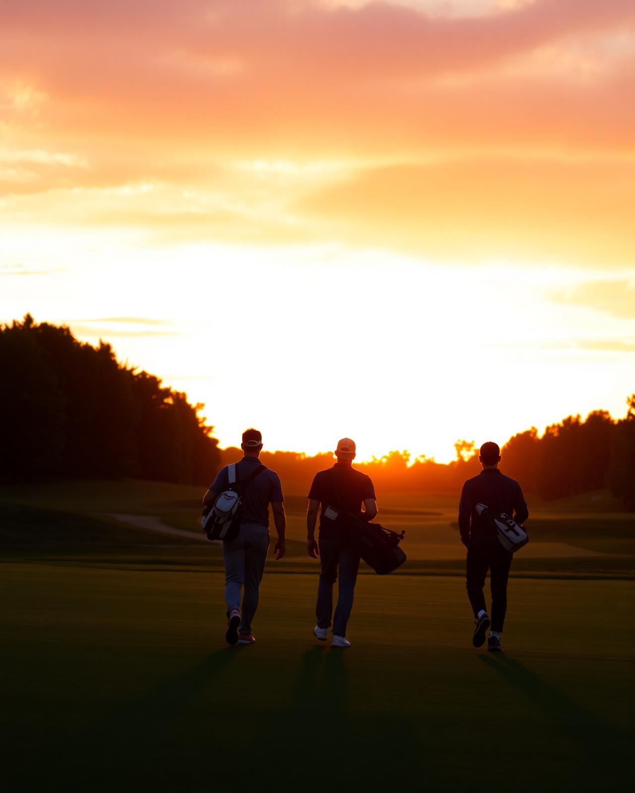 Golfers walking at sunset